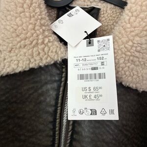 Zara Black Leather Jacket with Cream Collar